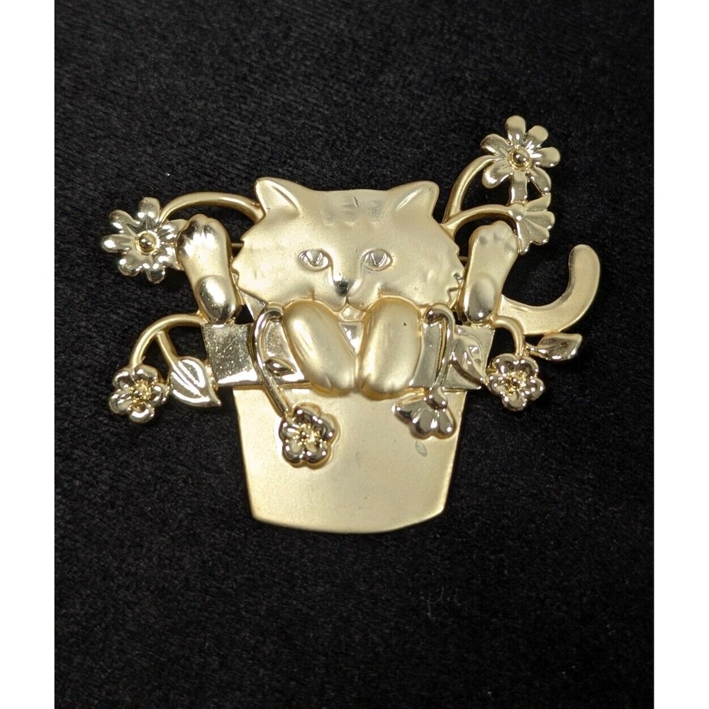 Gold Tone Matte Cat Kitten In Flower Pot Daisy Brooch‎ Gardening Pin